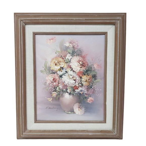 P. Keelig Other - P. Keeling Still Life Floral Oil Painting 8x10 Canvas Signed Framed Flowers READ